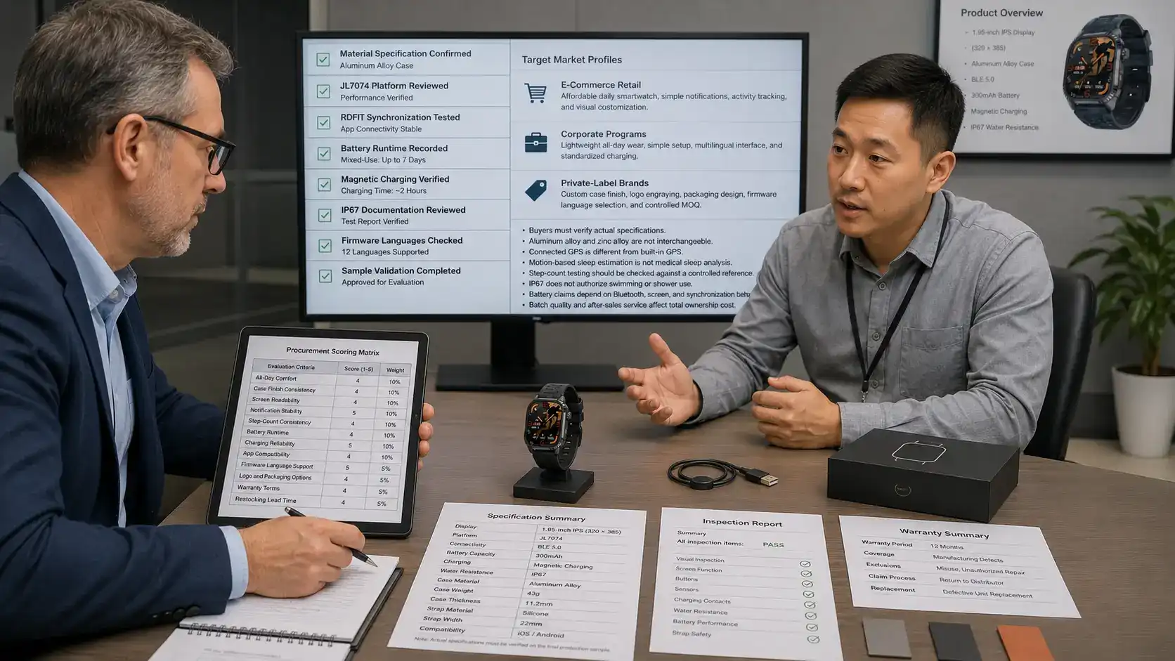 Buyer reviewing aluminum smartwatch test results.