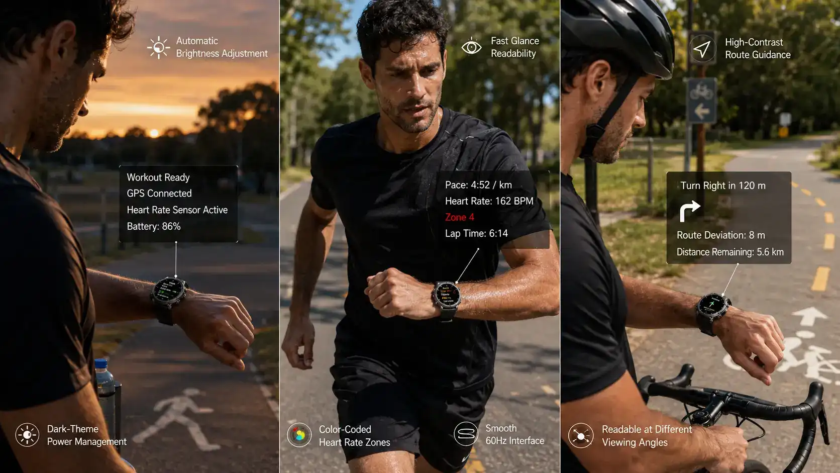 AMOLED and LCD sports watch screens compared outdoors. AMOLED and LCD sports watch screens compared outdoors.