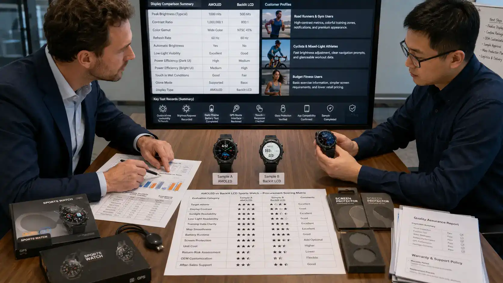 Buyer comparing AMOLED and LCD sports watches.