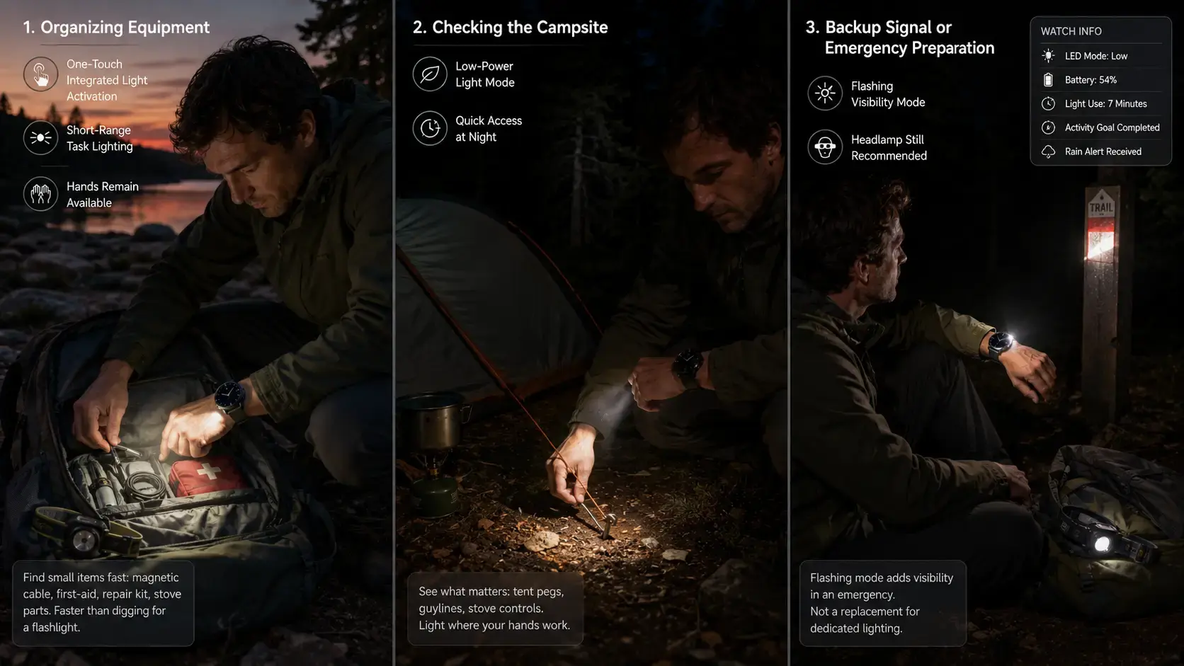 Outdoor smartwatch integrated light used for camping tasks. Outdoor smartwatch integrated light used for camping tasks.