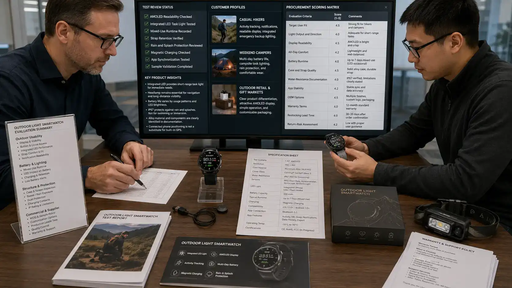 Buyer evaluating an outdoor light smartwatch with integrated LED. Buyer evaluating an outdoor light smartwatch with integrated LED.