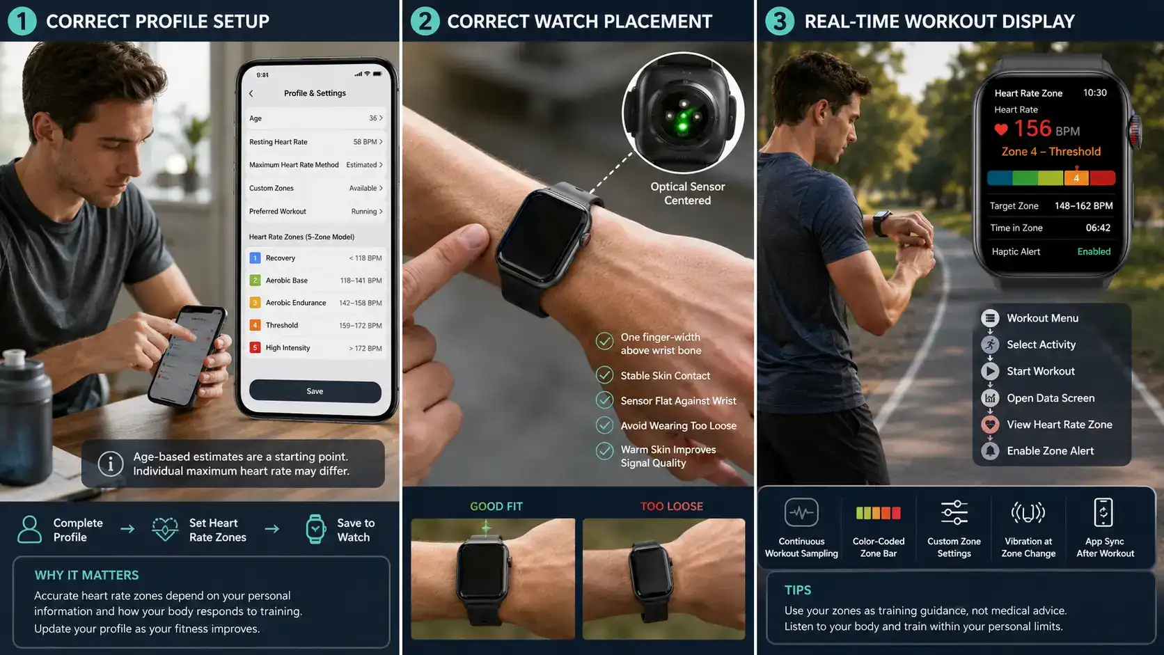 Setting up smartwatch heart rate zone tracking.