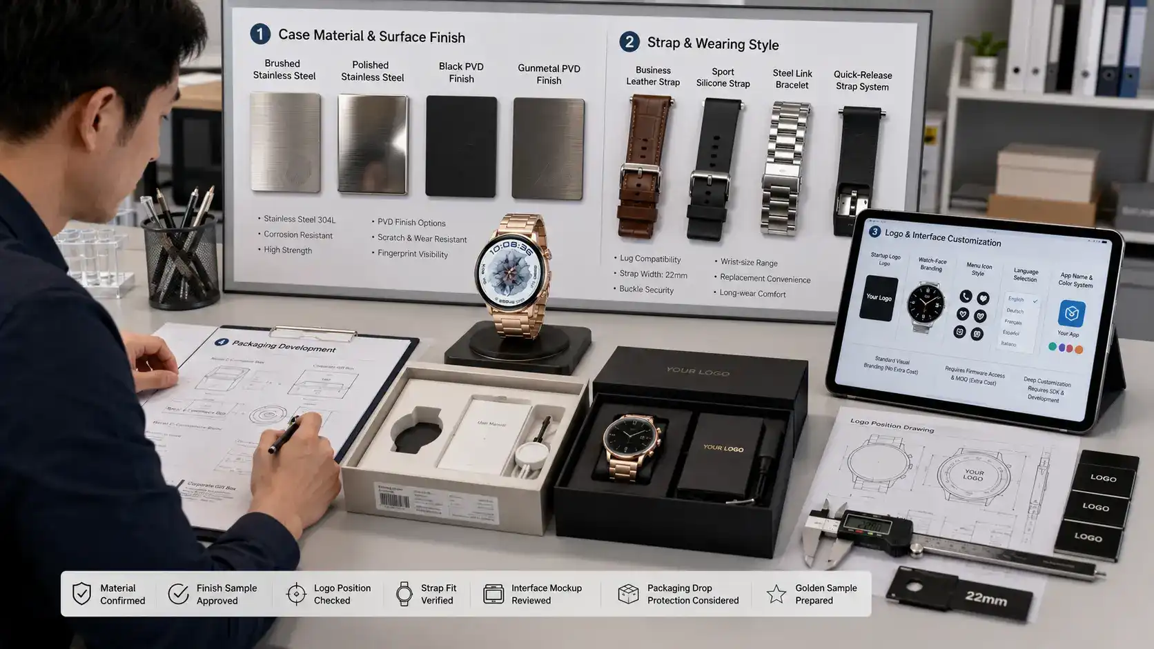 Steel smartwatch case and branding customization process.