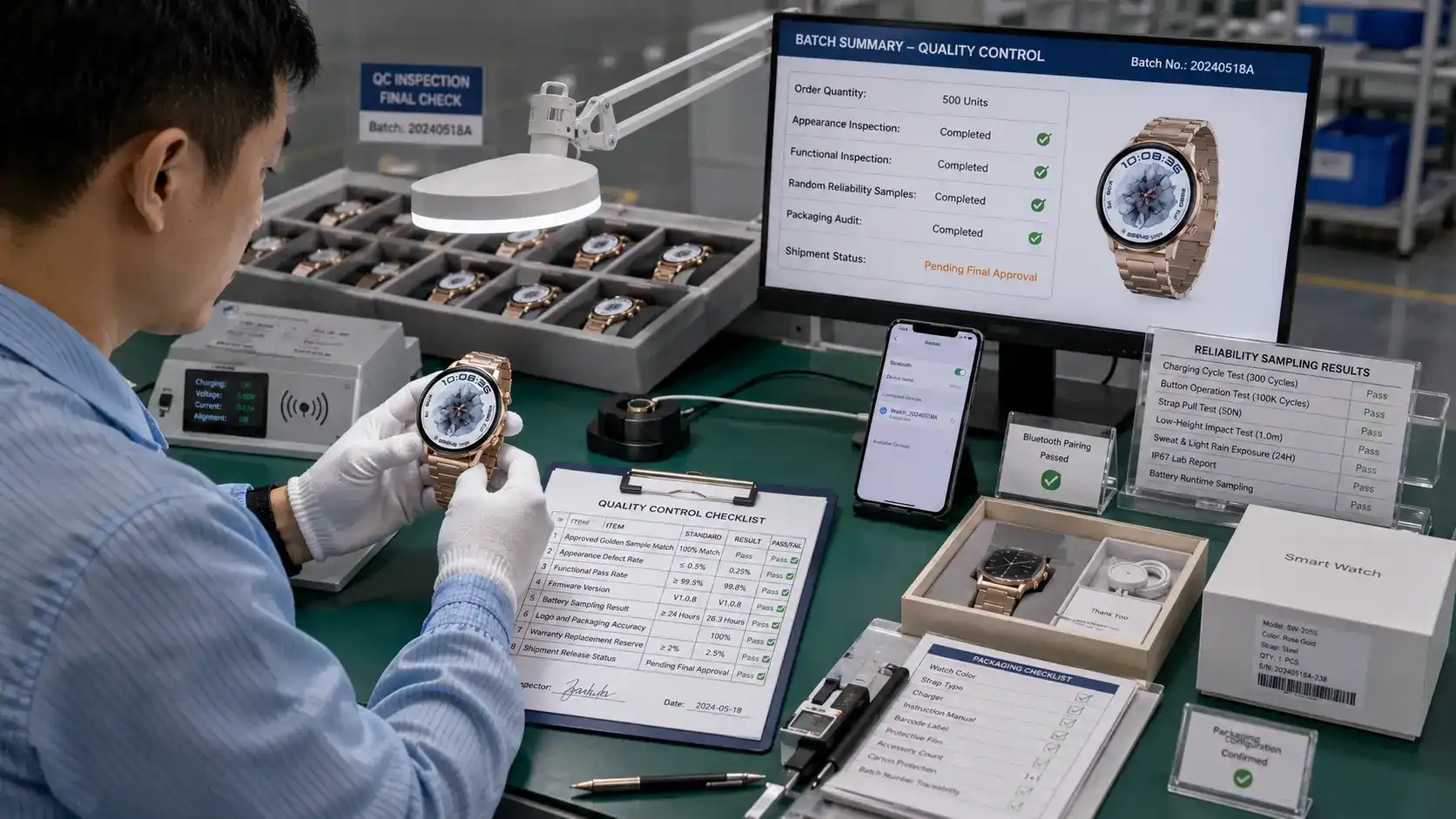 Steel smartwatch batch undergoing quality inspection.