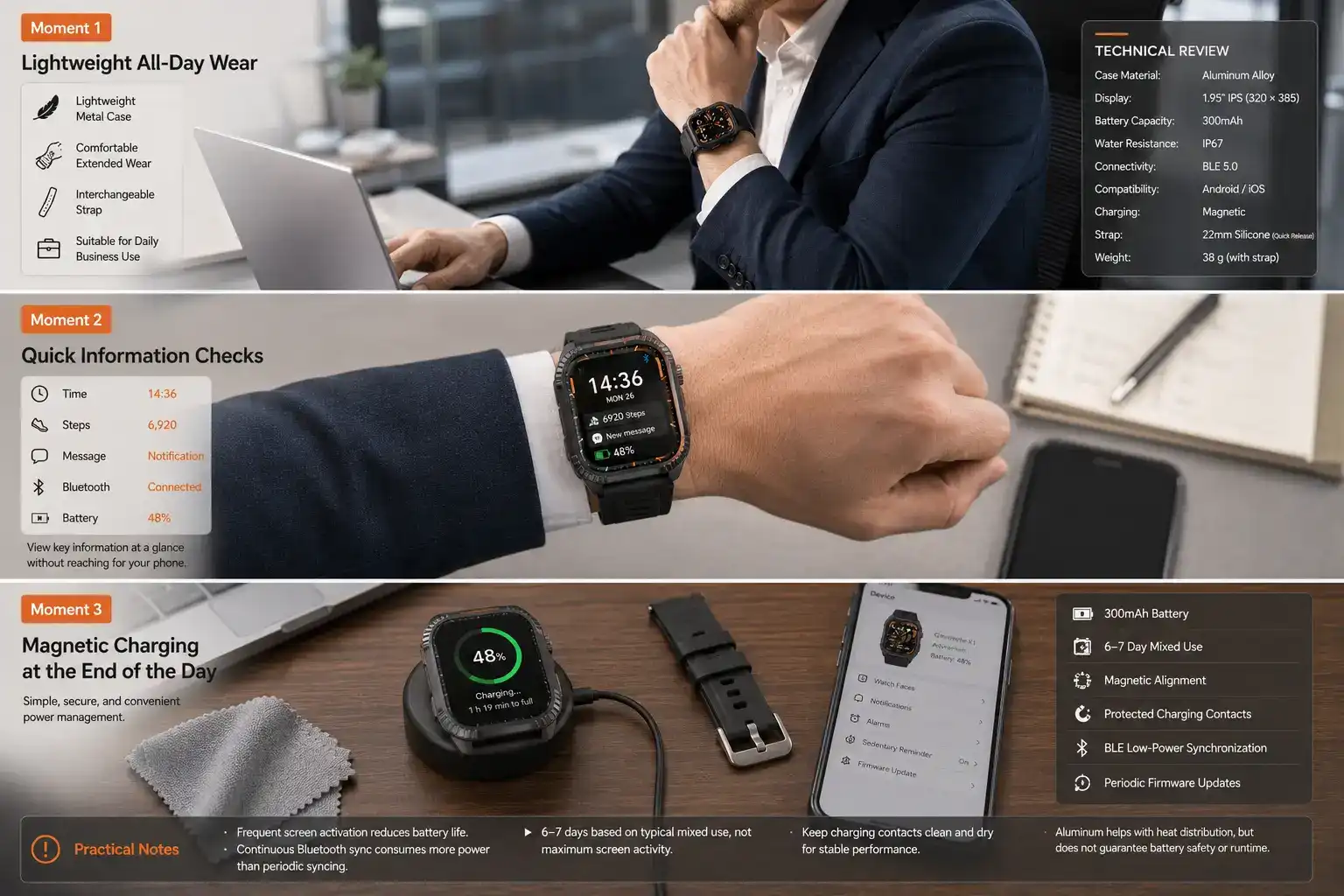 Aluminum smartwatch daily use and magnetic charging.