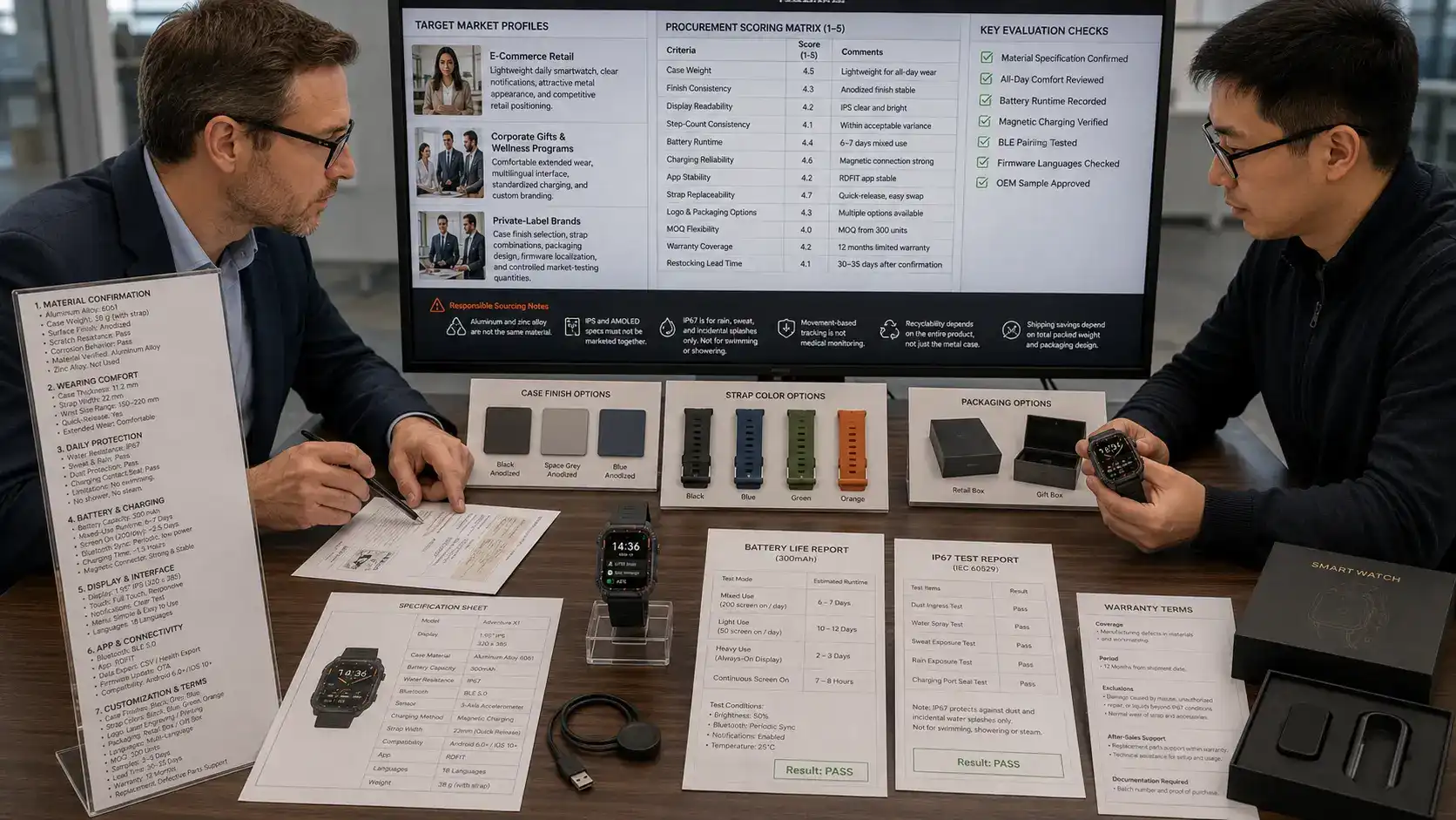 Buyer reviewing aluminum smartwatch sourcing options. Buyer reviewing aluminum smartwatch sourcing options.