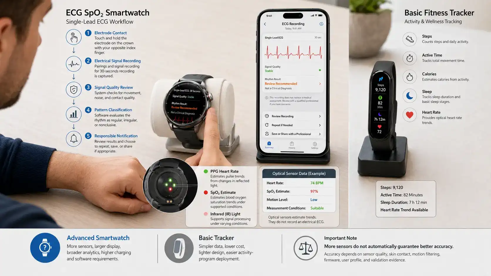 ECG SpO₂ and fitness tracker sensor differences. ECG SpO₂ and fitness tracker sensor differences.