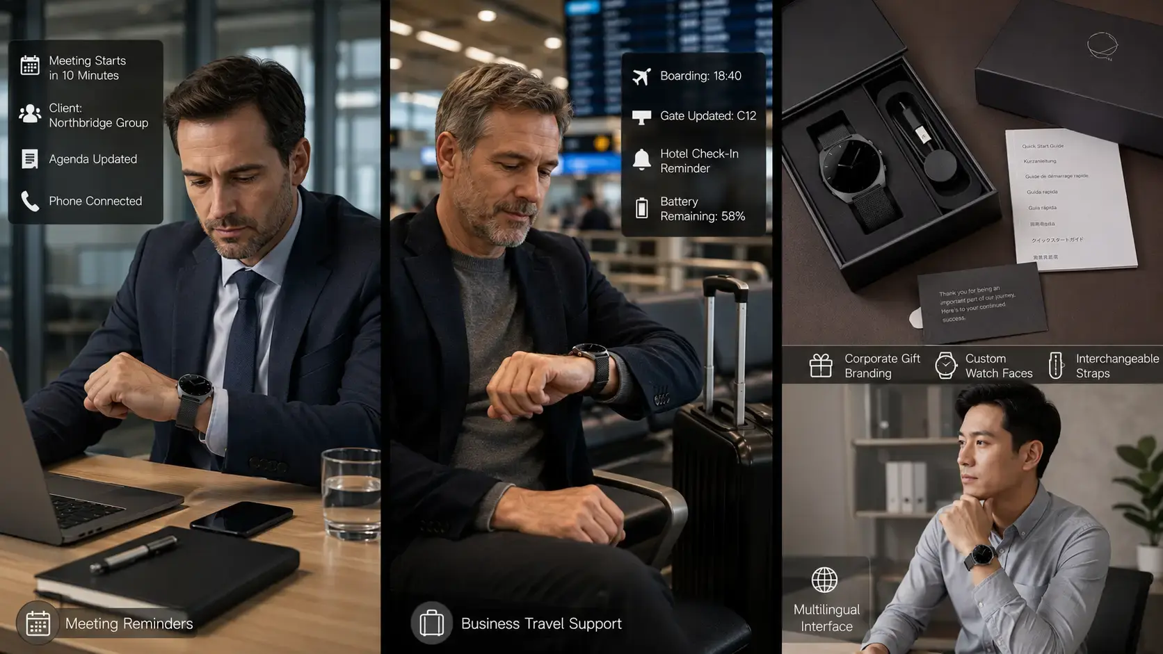 Business smartwatch used for meetings, travel, and gifts.