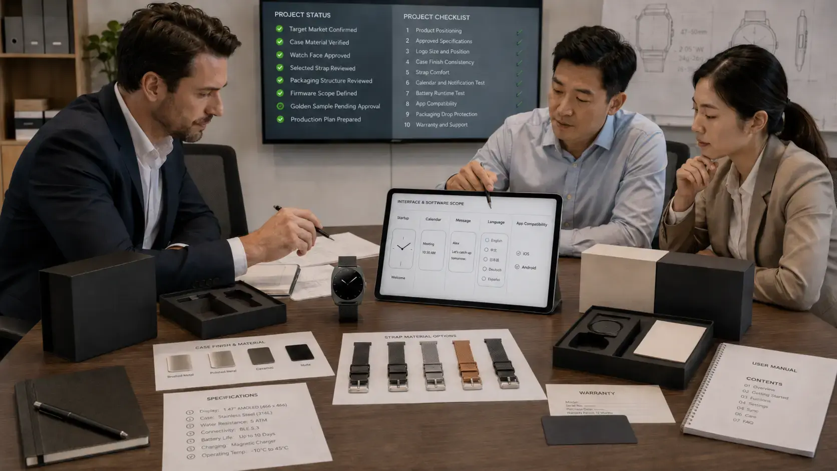 Brand team reviewing a custom business smartwatch. Brand team reviewing a custom business smartwatch.