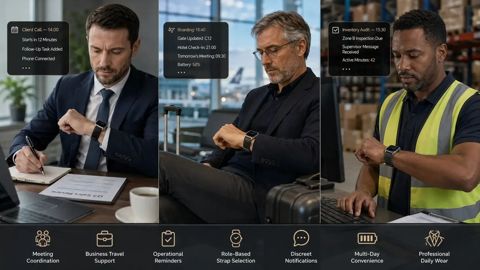 Business smartwatch used across different workplace roles.