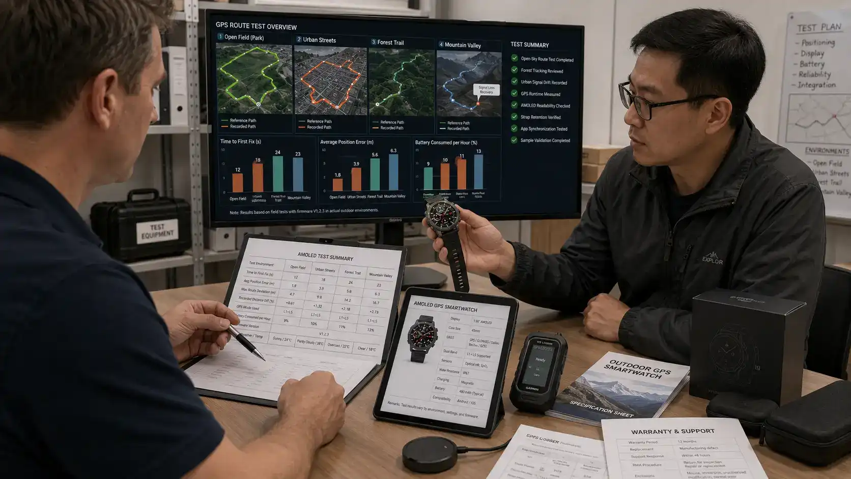 Buyer reviewing outdoor GPS smartwatch field tests.