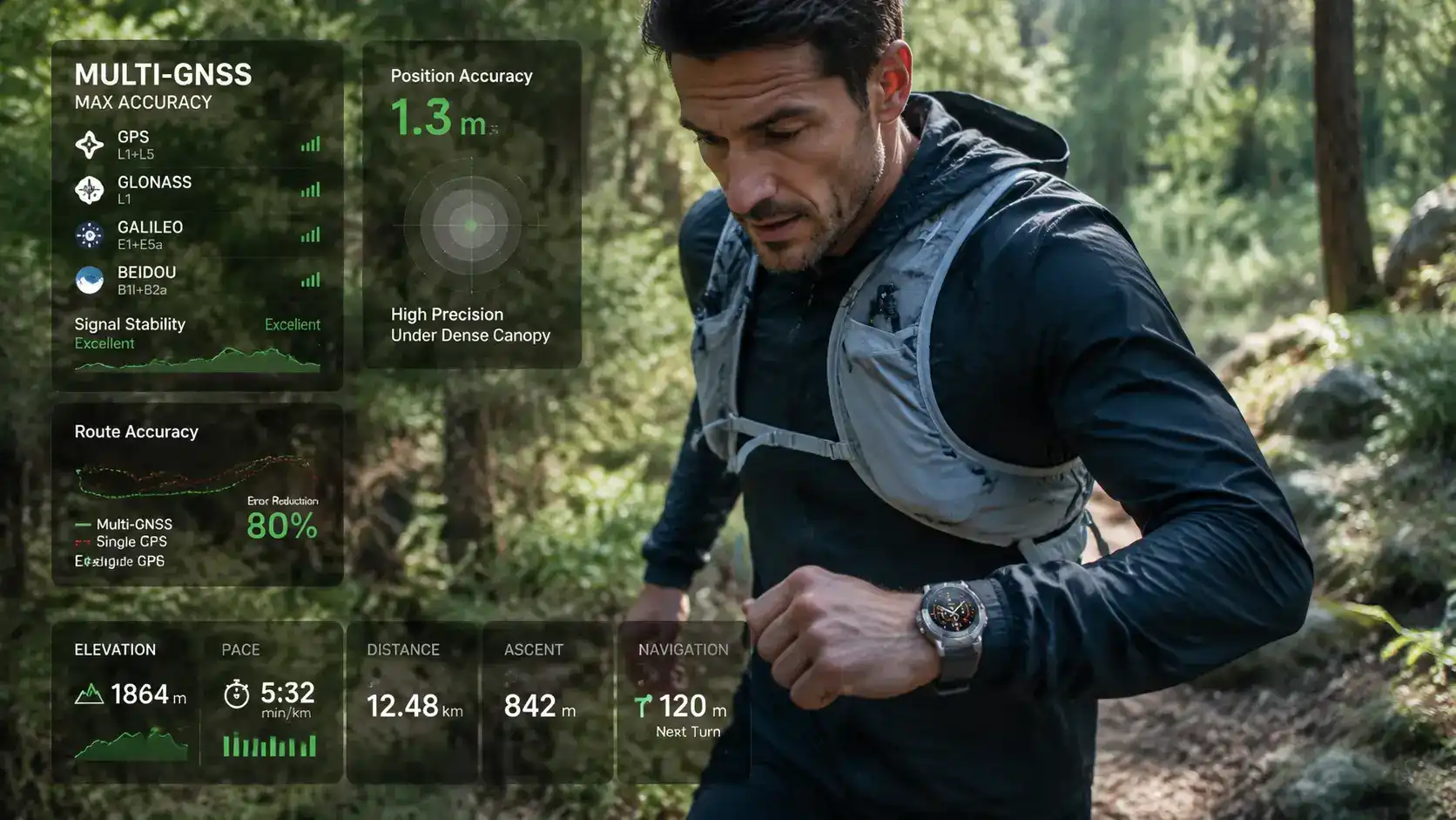 Athlete using multi-GNSS GPS smartwatch in outdoor terrain. Athlete using multi-GNSS GPS smartwatch in outdoor terrain.