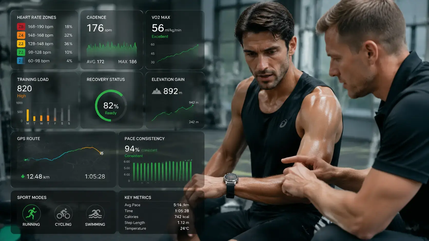 Coach reviewing GPS smartwatch training metrics after workout. Coach reviewing GPS smartwatch training metrics after workout.