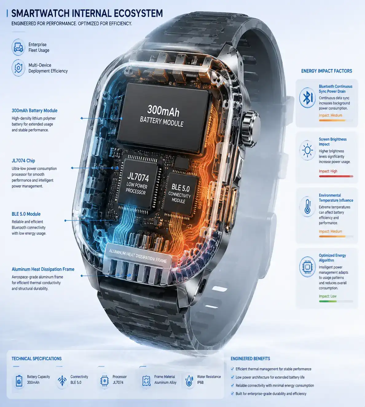 Aluminum smartwatch with long battery life in business workspace. Aluminum smartwatch with long battery life in business workspace.