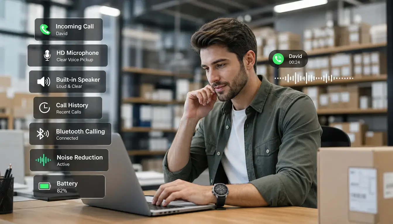 Worker making hands-free calls with a voice call smartwatch. Worker making hands-free calls with a voice call smartwatch.