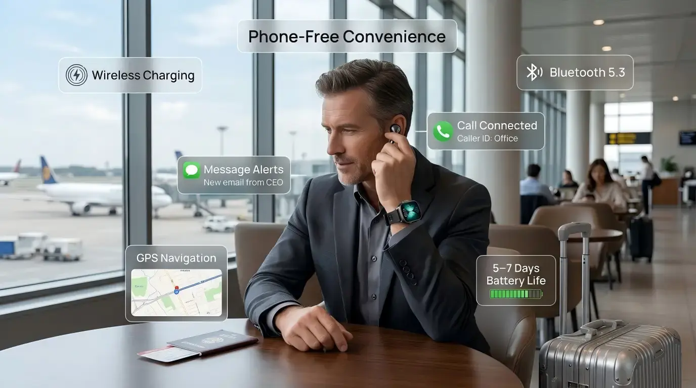 Smartwatch 2 in 1 helping traveler stay connected.