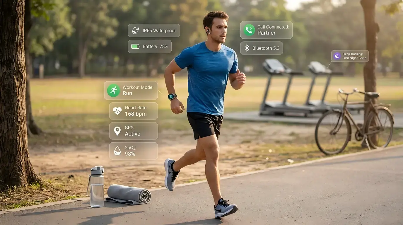 Fitness user wearing smartwatch with detachable earbud. Fitness user wearing smartwatch with detachable earbud.