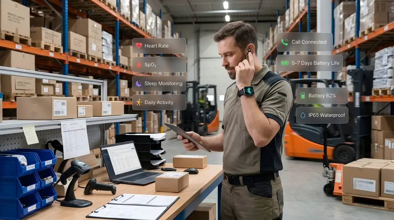 Smartwatch with Bluetooth earbud during daily work.