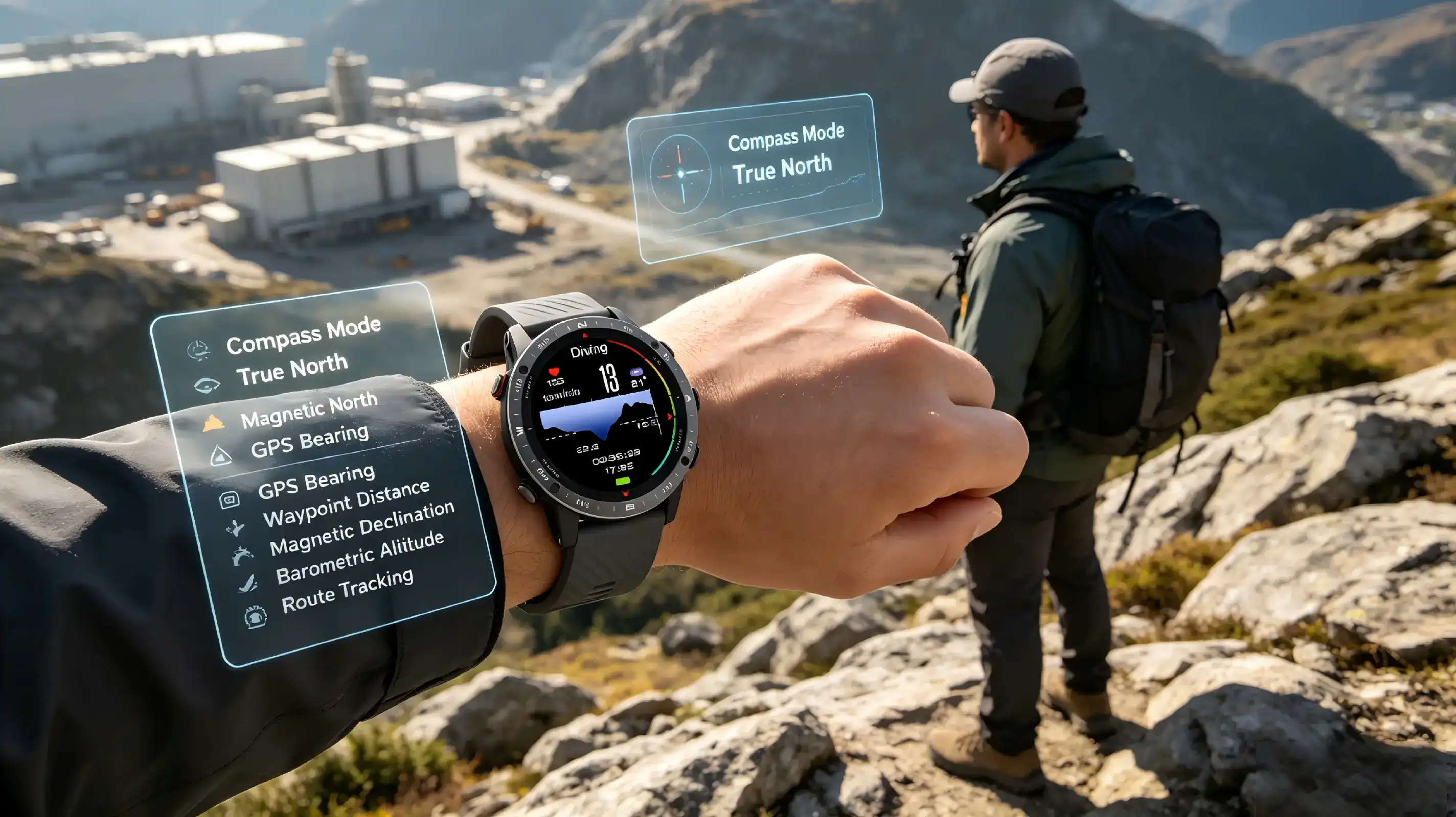 Smartwatch compass showing direction on outdoor terrain. Smartwatch compass showing direction on outdoor terrain.