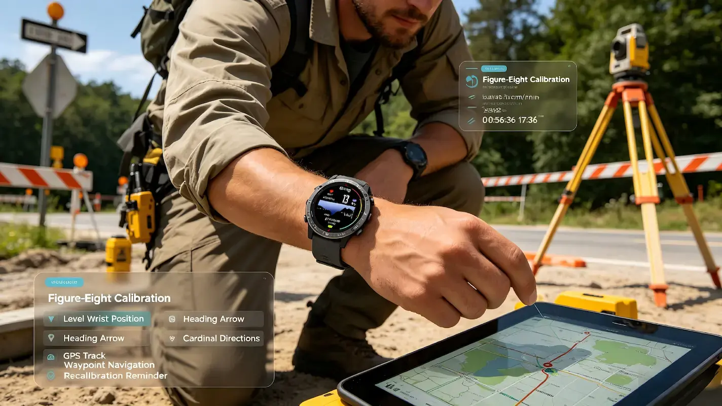 Smartwatch compass showing direction on outdoor terrain. Smartwatch compass showing direction on outdoor terrain.