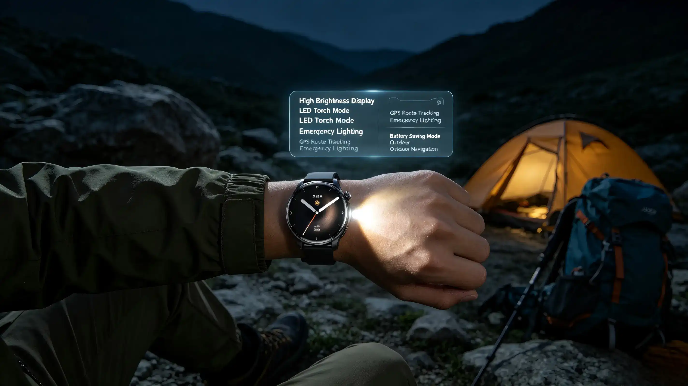 Outdoor smartwatch with built-in LED flashlight for night adventure.