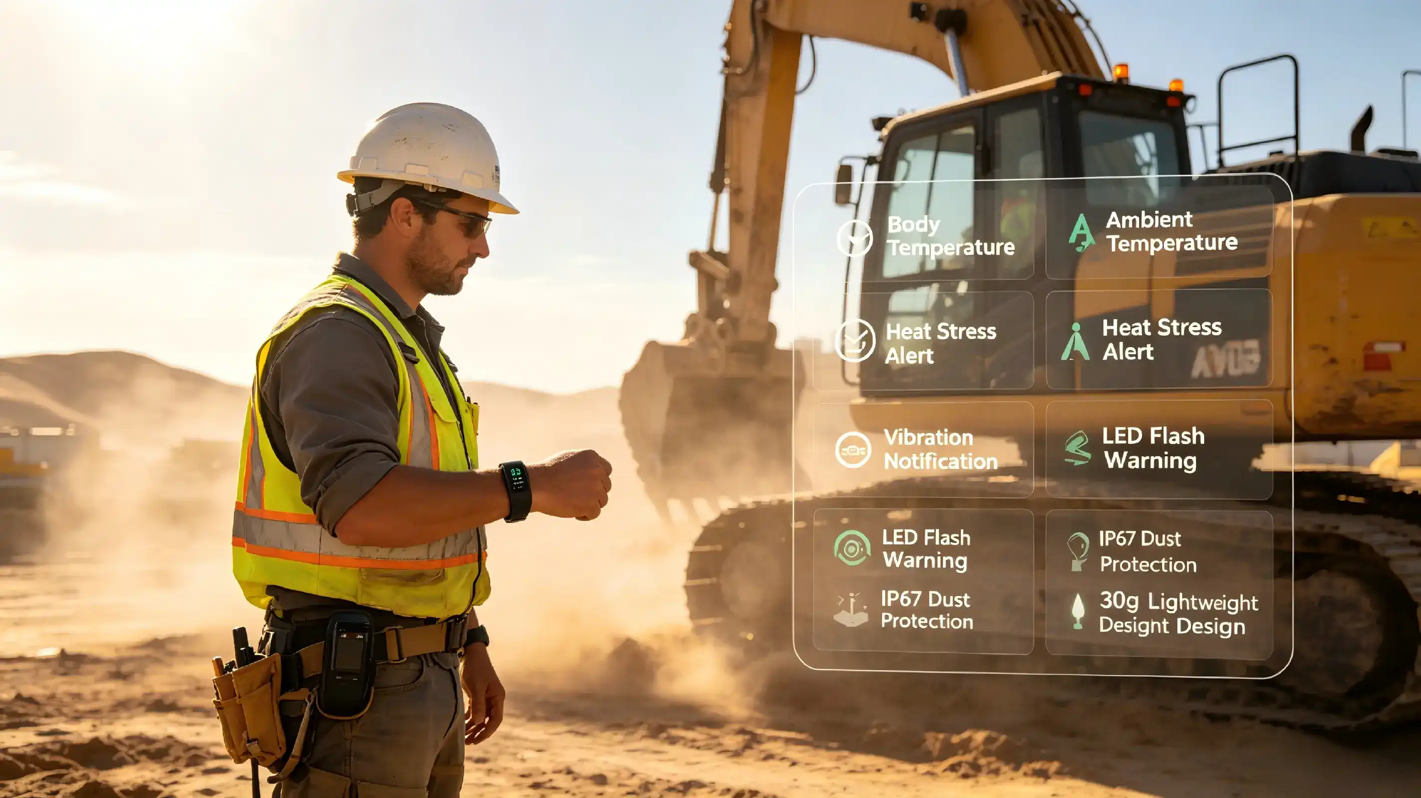 Heat monitoring band warning worker in extreme heat. Heat monitoring band warning worker in extreme heat.