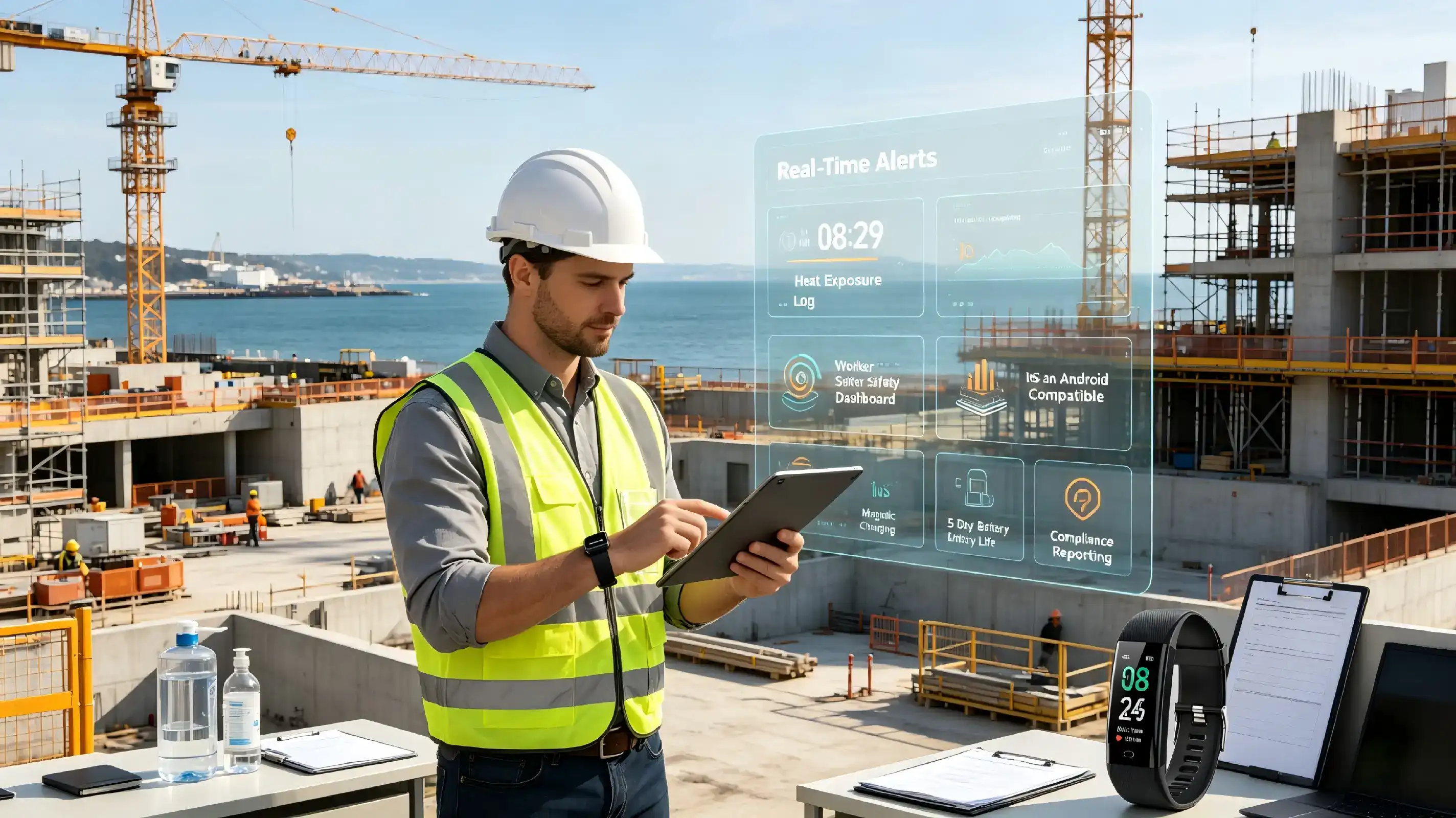 Site manager reviewing heat warning band safety data.