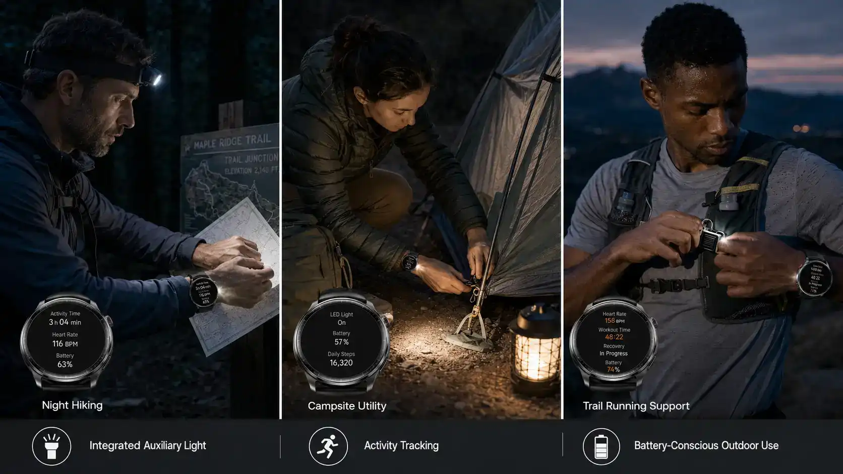 Outdoor smartwatch used during night adventures.