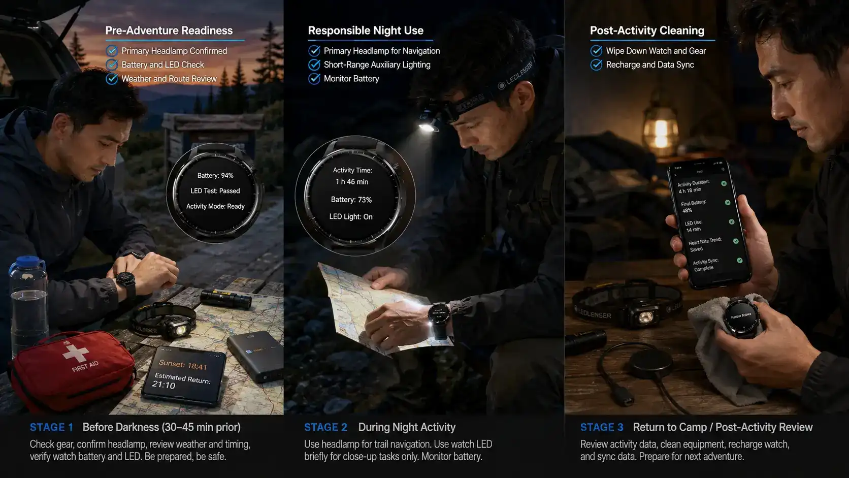 Night adventure preparation and smartwatch use workflow. Night adventure preparation and smartwatch use workflow.
