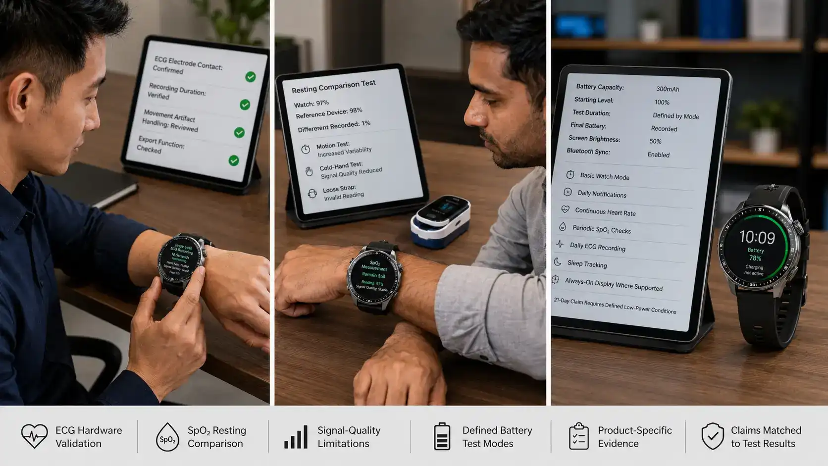 ECG SpO₂ smartwatch technical validation tests.