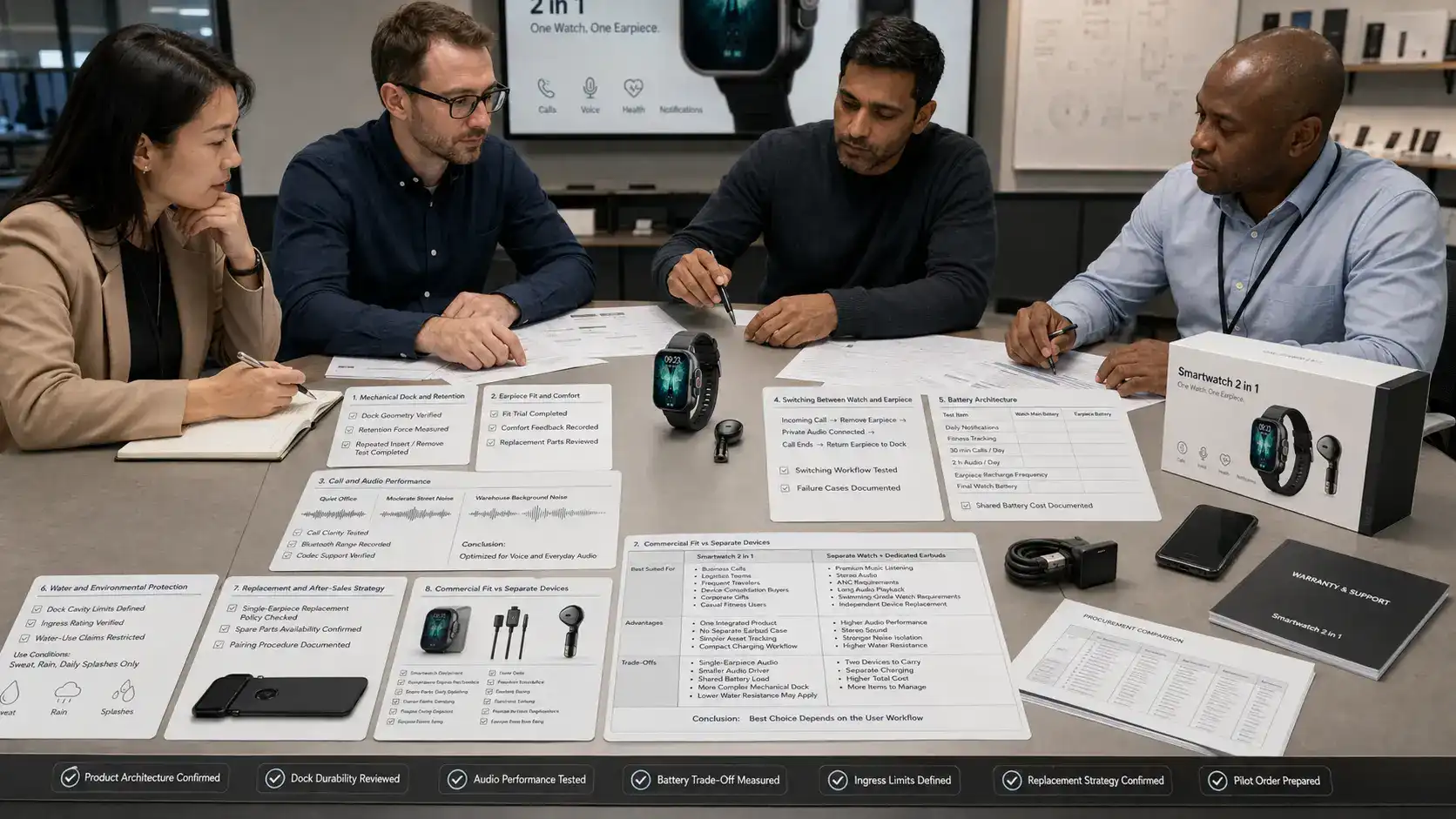 Buyer evaluating a smartwatch with detachable earpiece. Buyer evaluating a smartwatch with detachable earpiece.