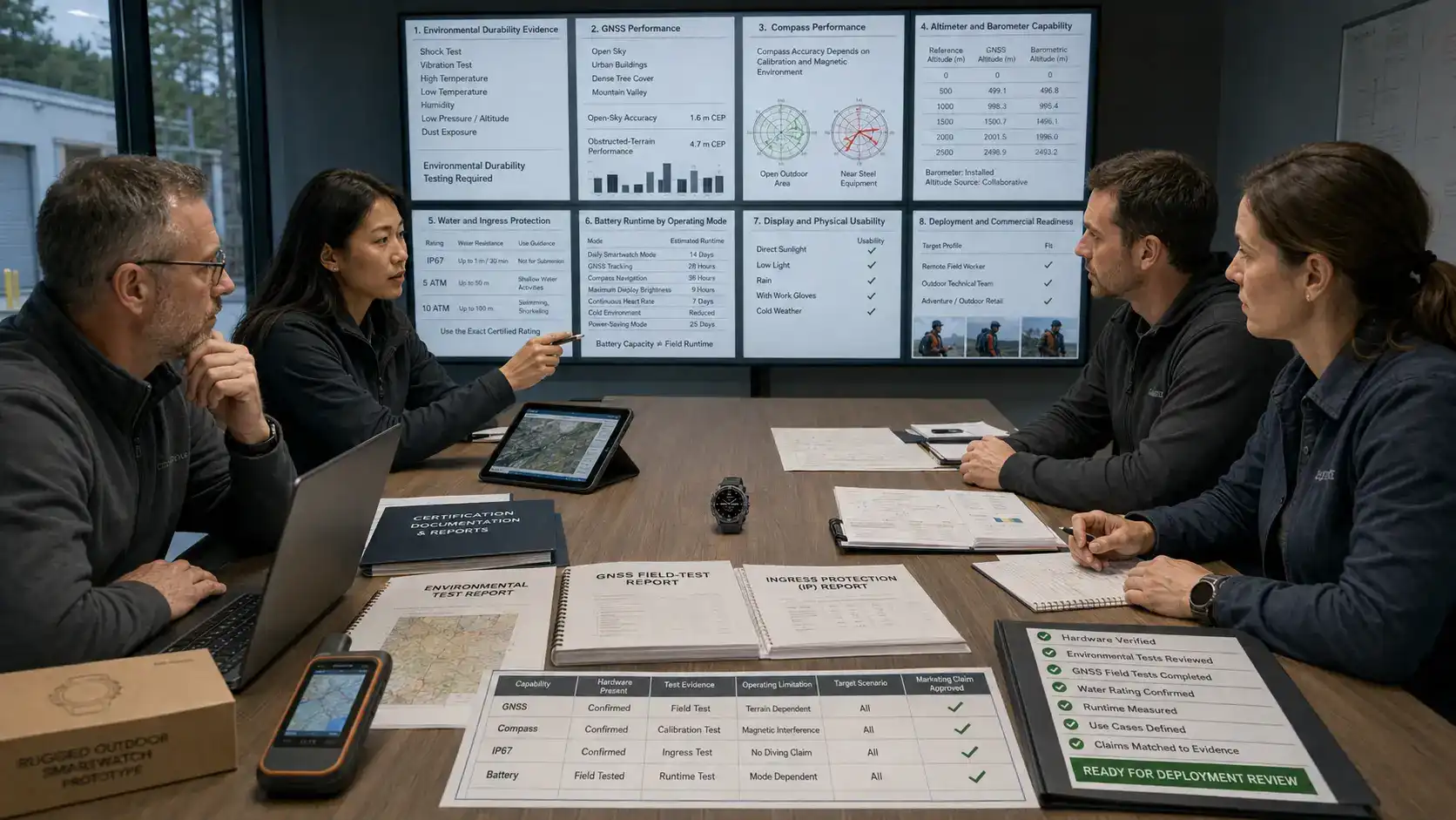 Procurement team validating a rugged smartwatch for extreme field operations.