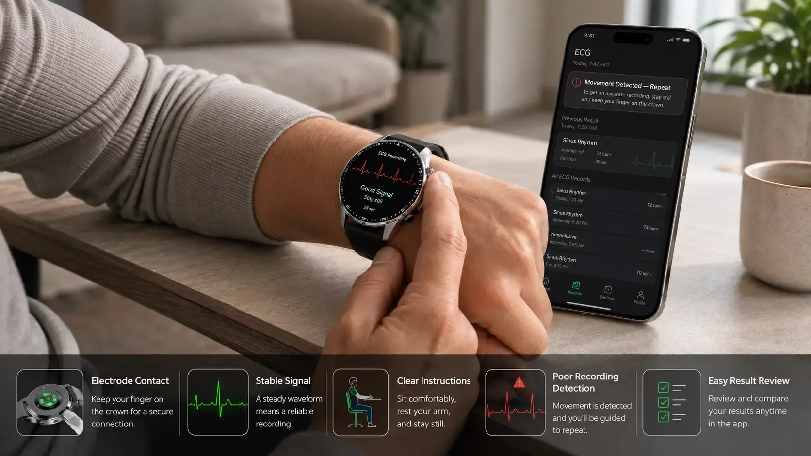 Real-world ECG and SpO₂ smartwatch health tracking scenarios.