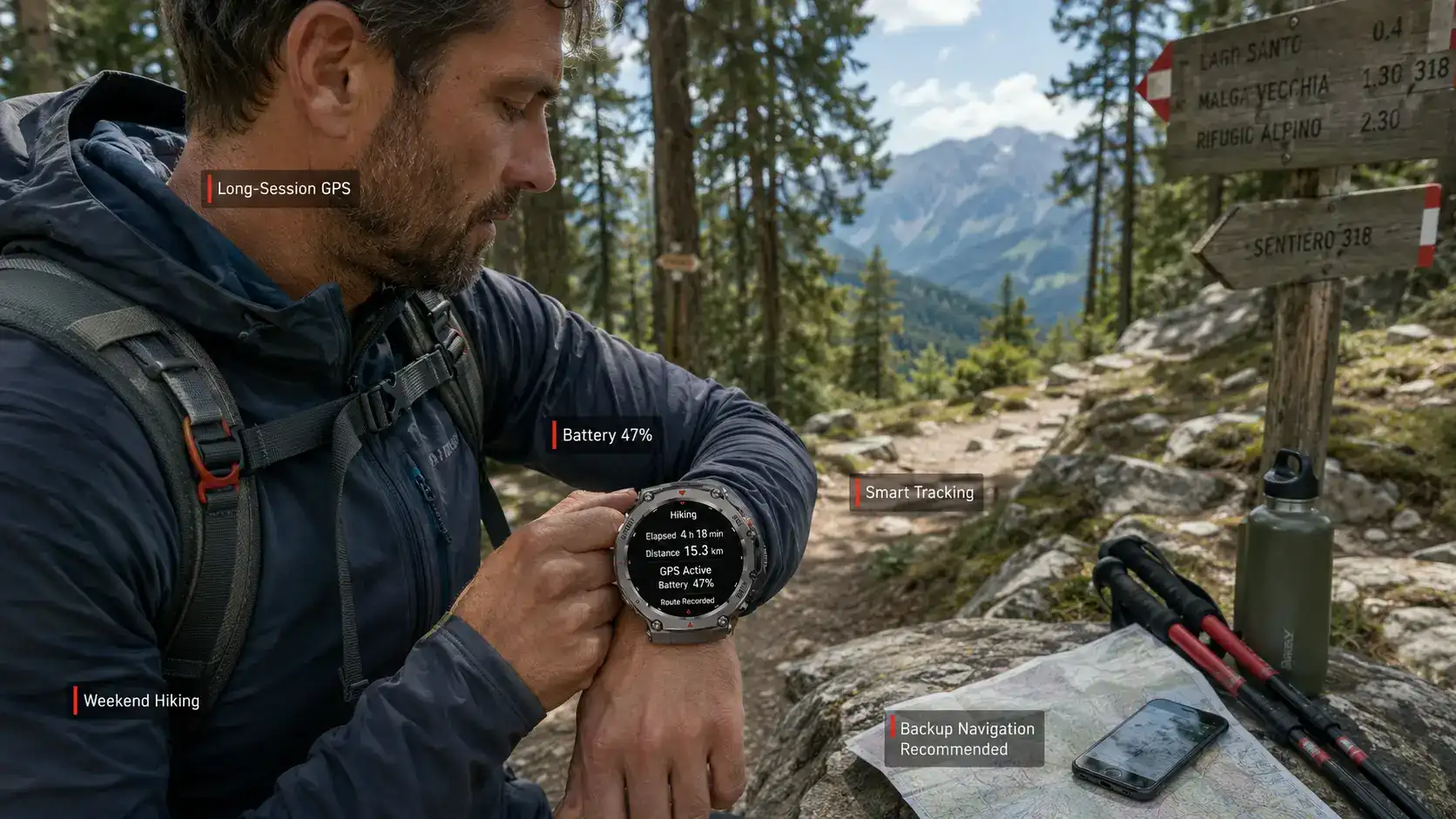 Runner viewing an AMOLED smartwatch in bright outdoor light. Runner viewing an AMOLED smartwatch in bright outdoor light.