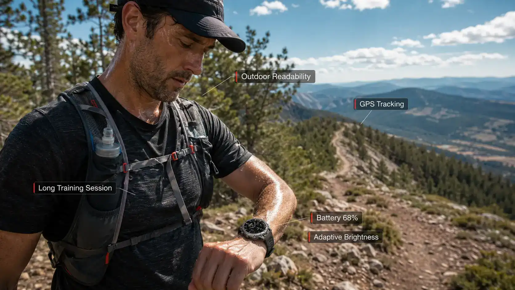Hiker using GPS tracking while monitoring smartwatch battery. Hiker using GPS tracking while monitoring smartwatch battery.
