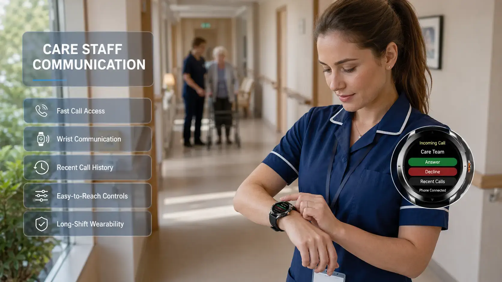 Outdoor worker using a voice call smartwatch. Outdoor worker using a voice call smartwatch.