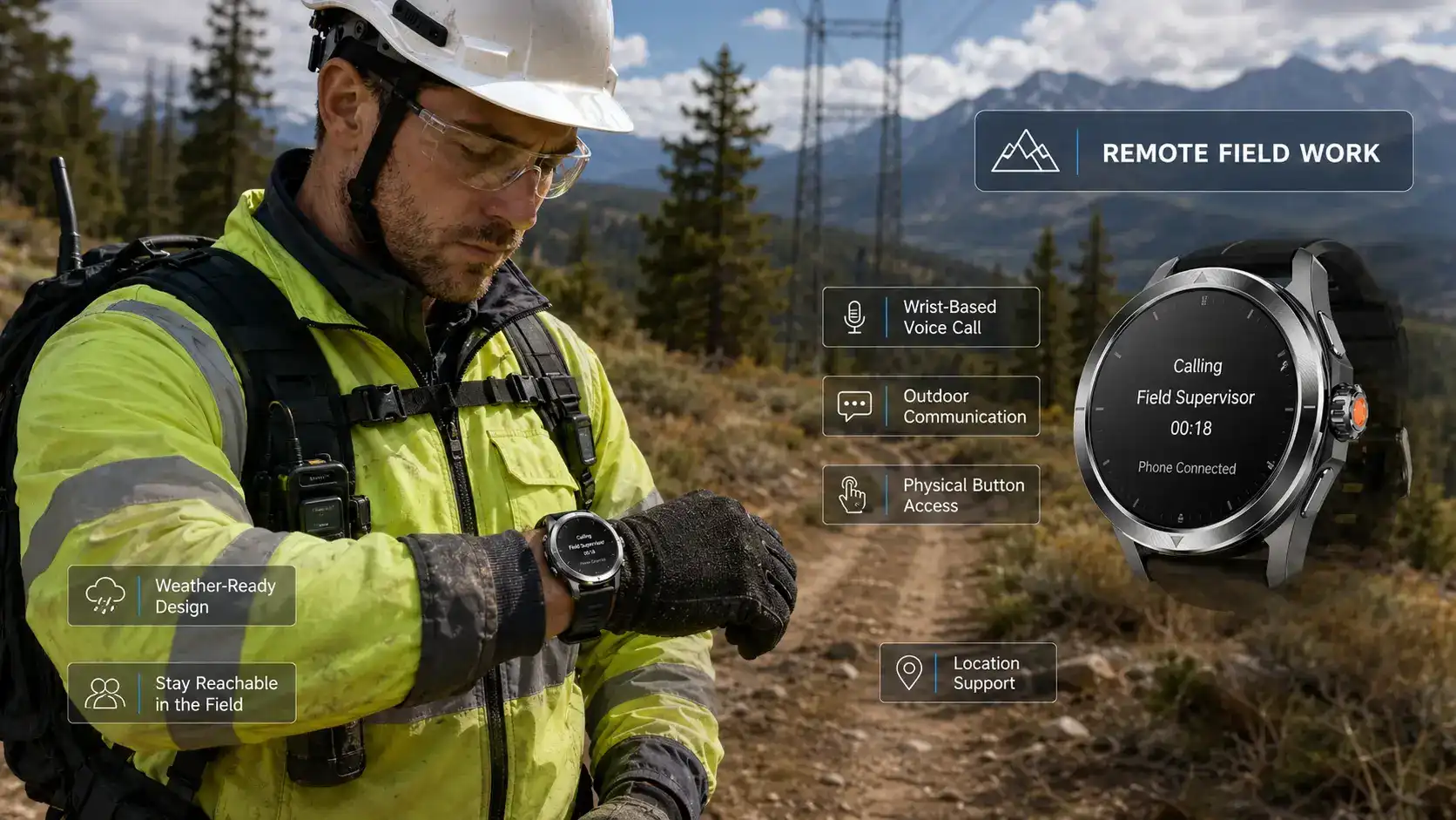 Care staff using a voice call smartwatch. Care staff using a voice call smartwatch.