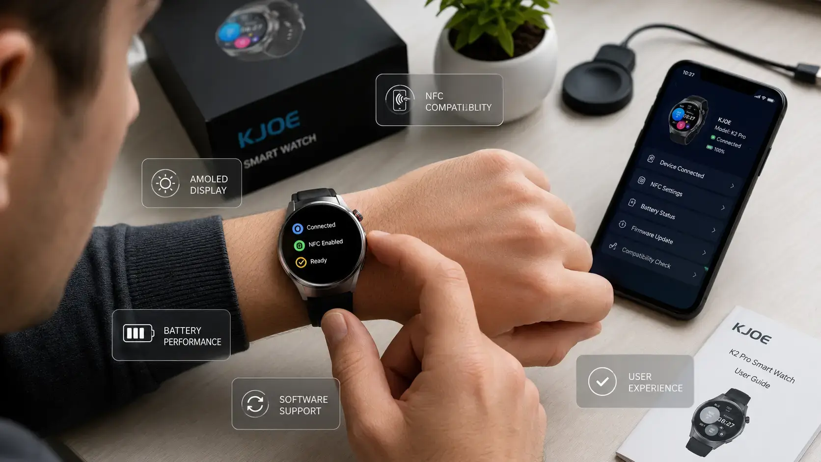 NFC smartwatch enabling contactless payment, access and device connection.