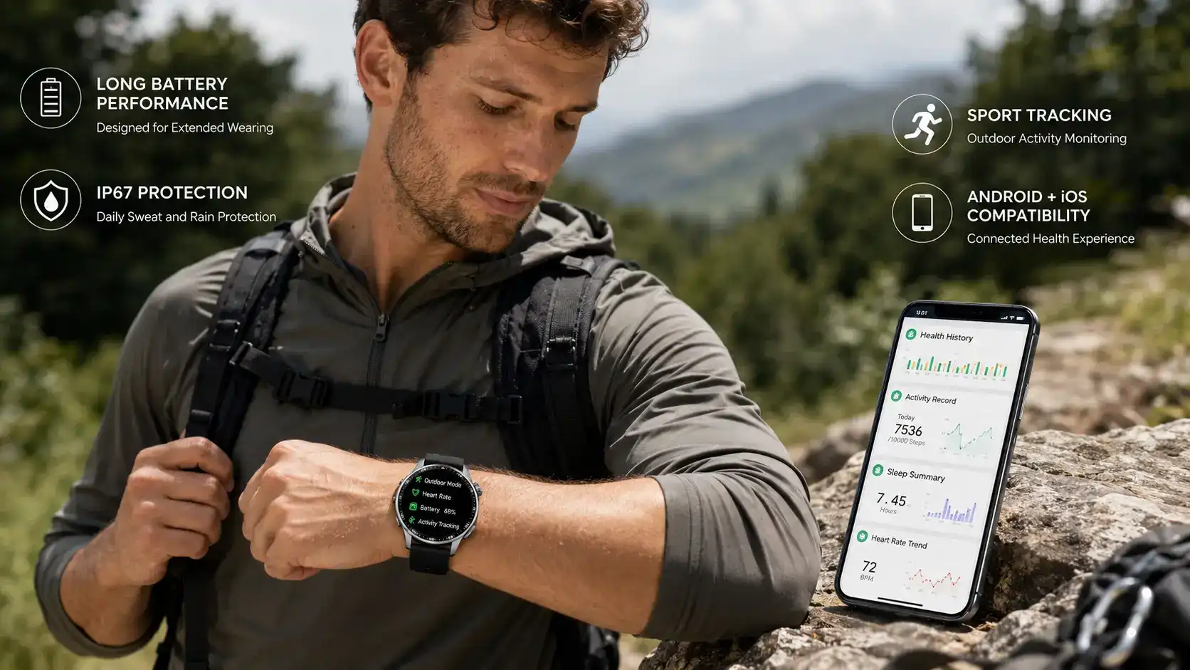 ECG SpO₂ smartwatch showing heart rhythm and blood oxygen monitoring functions.
