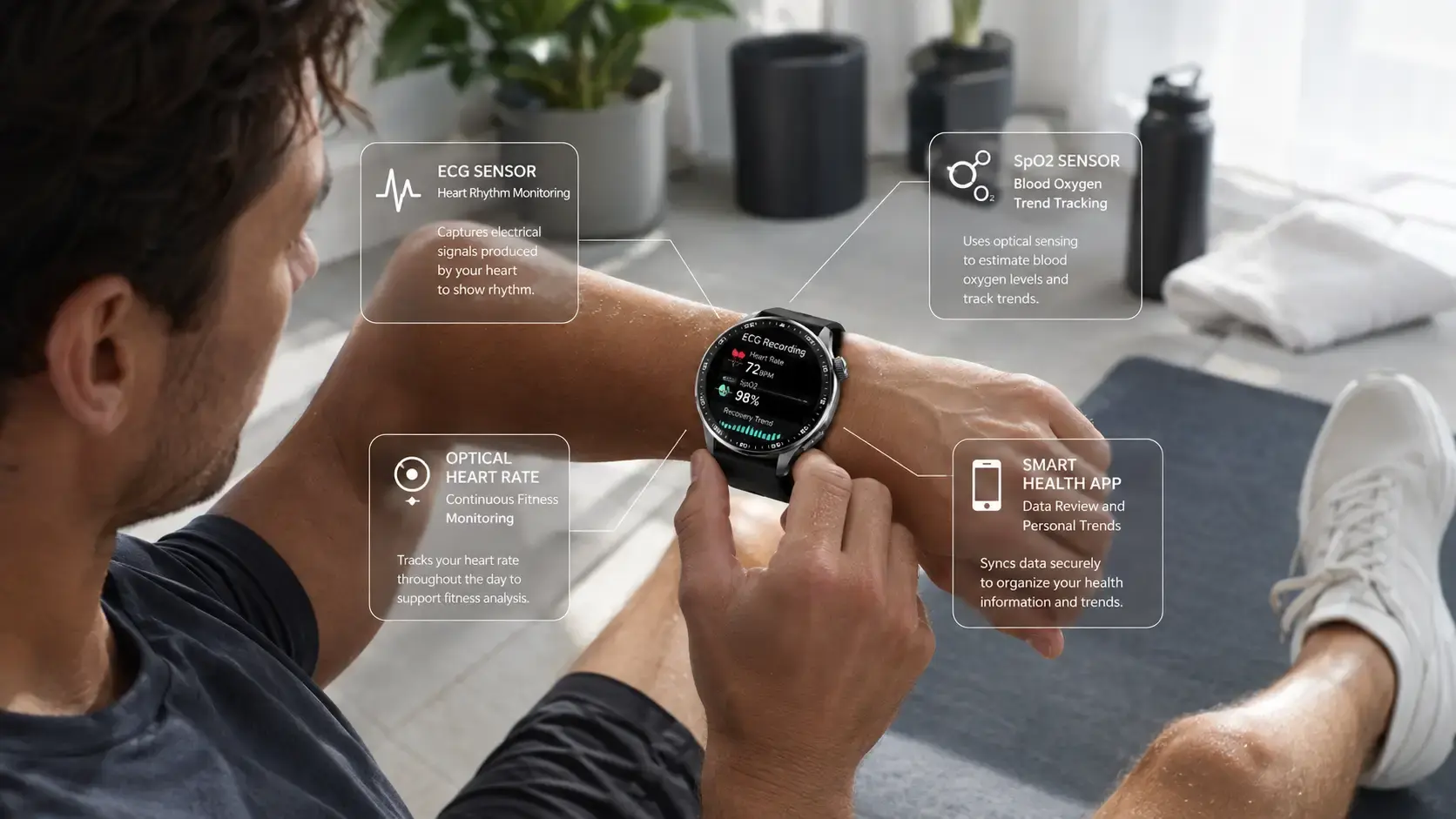 Outdoor user wearing an ECG SpO₂ smartwatch with battery and activity tracking features.