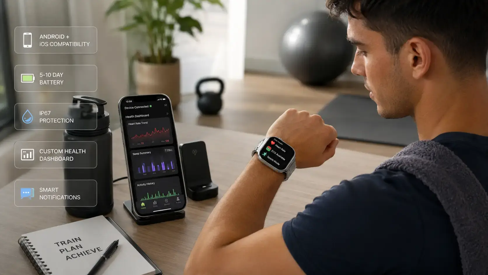 ECG smartwatch displaying heart rate, ECG and sports tracking features. ECG smartwatch displaying heart rate, ECG and sports tracking features.
