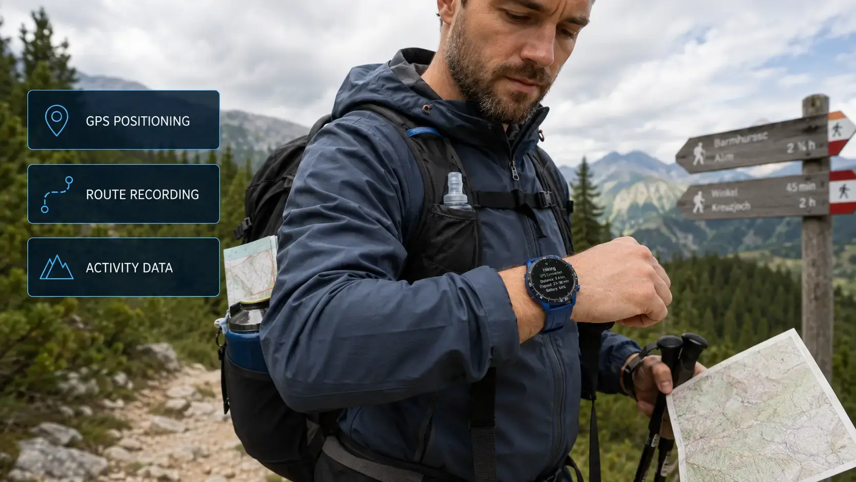 Hiker using a GPS outdoor smartwatch for route and activity awareness on a mountain trail. Hiker using a GPS outdoor smartwatch for route and activity awareness on a mountain trail.
