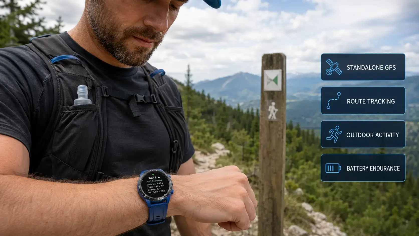 Hiker reviewing GPS activity data and smartwatch battery status after an outdoor trip.