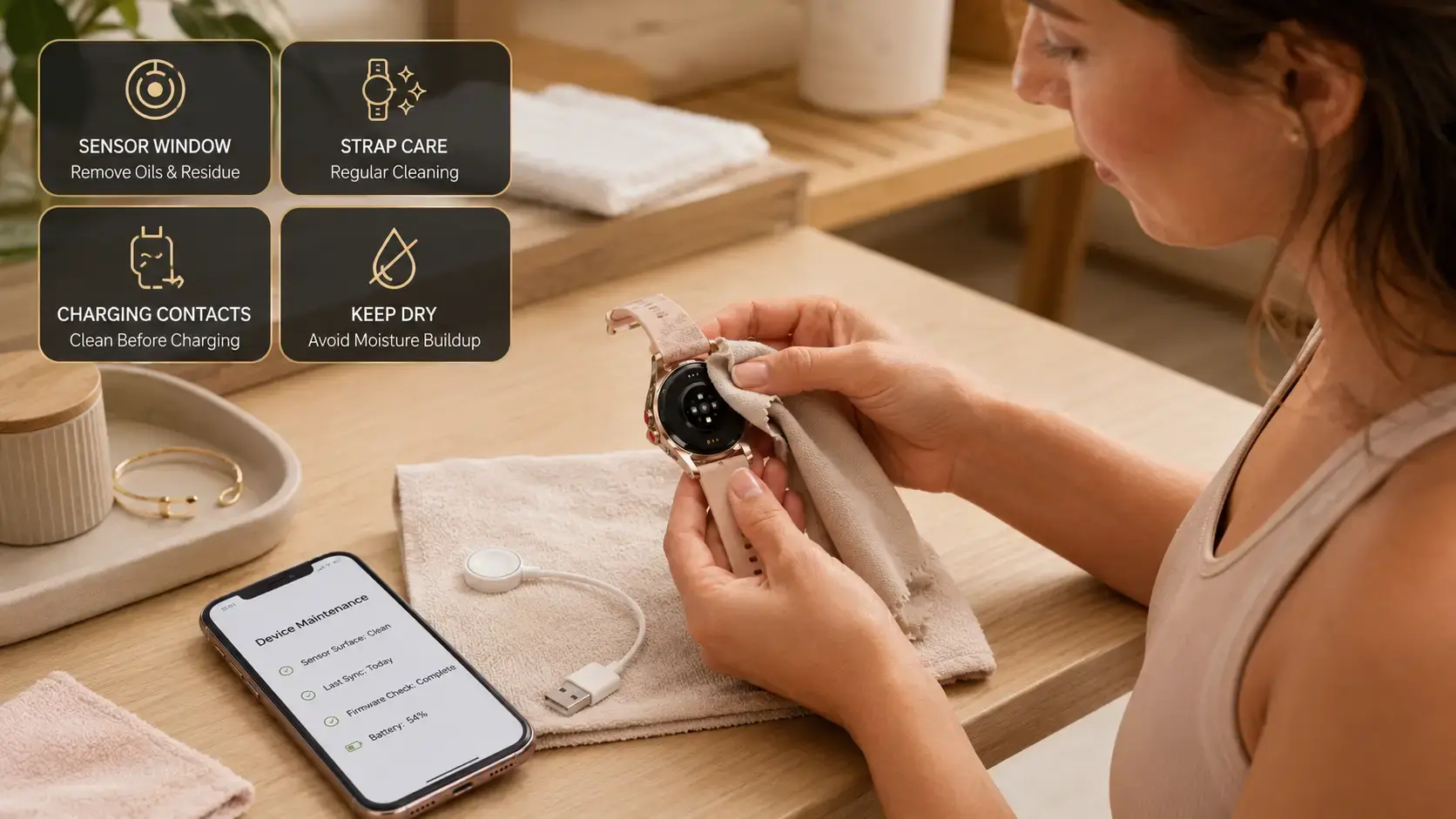 Smartwatch battery, firmware and accessory maintenance for long-term use.