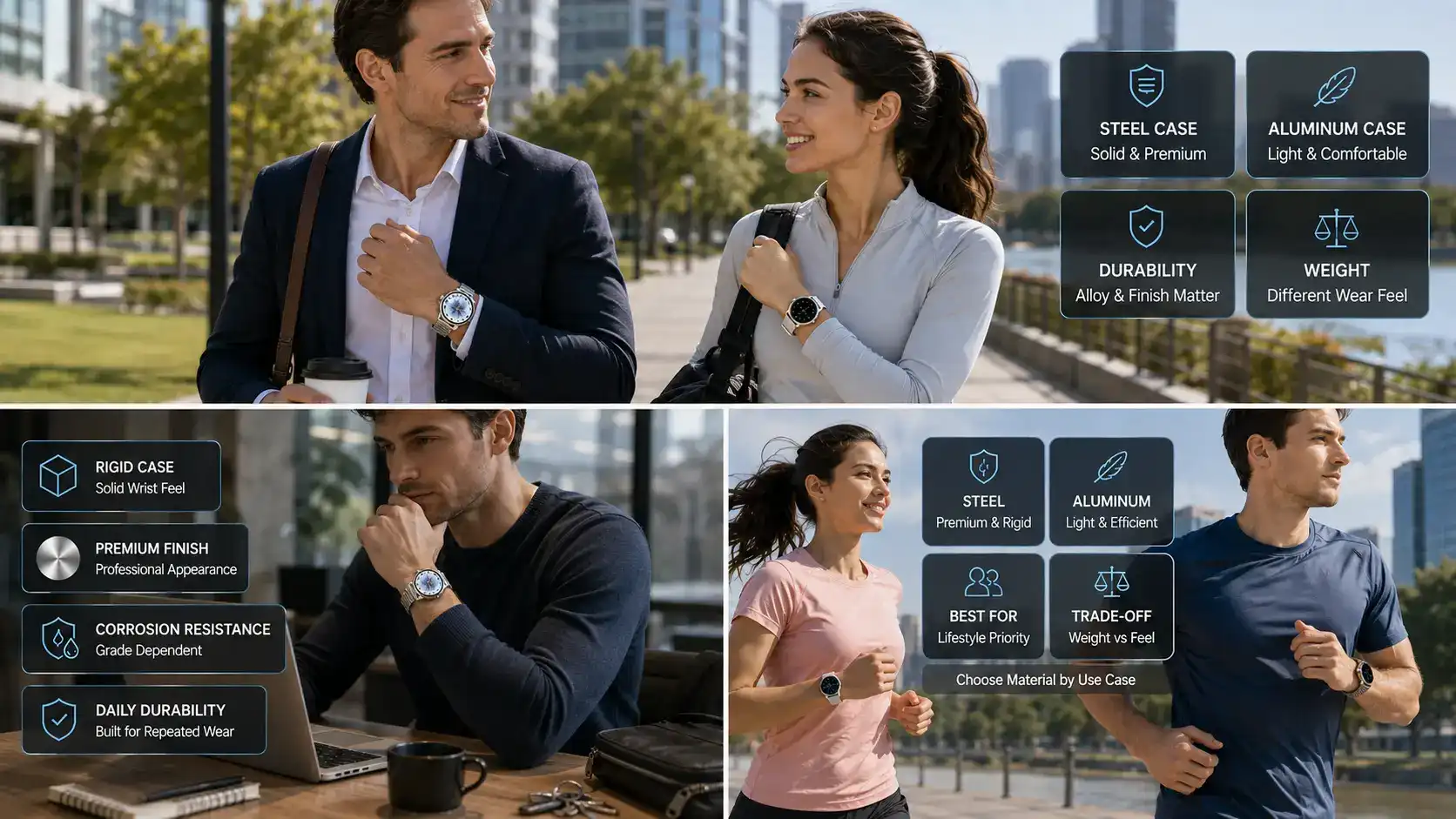 Professional wearing a steel-case smartwatch for daily use.