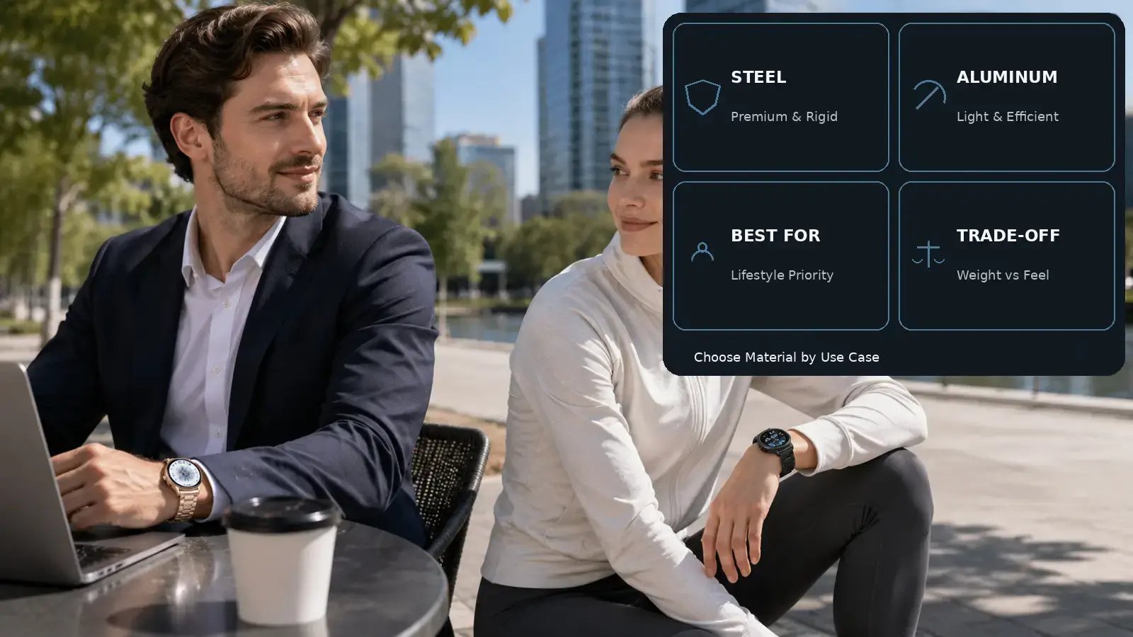Steel and aluminum smartwatch materials matched to different users. Steel and aluminum smartwatch materials matched to different users.