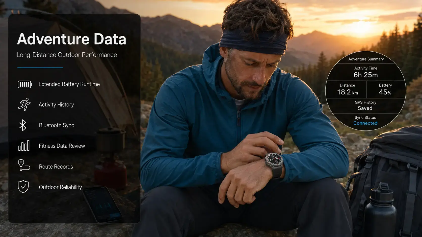 Outdoor athlete wearing an AMOLED GPS smartwatch during mountain navigation training. Outdoor athlete wearing an AMOLED GPS smartwatch during mountain navigation training.