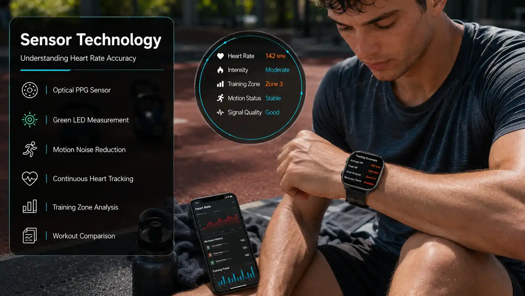 Sports user analyzing heart rate sensor data and workout performance on a smartwatch.