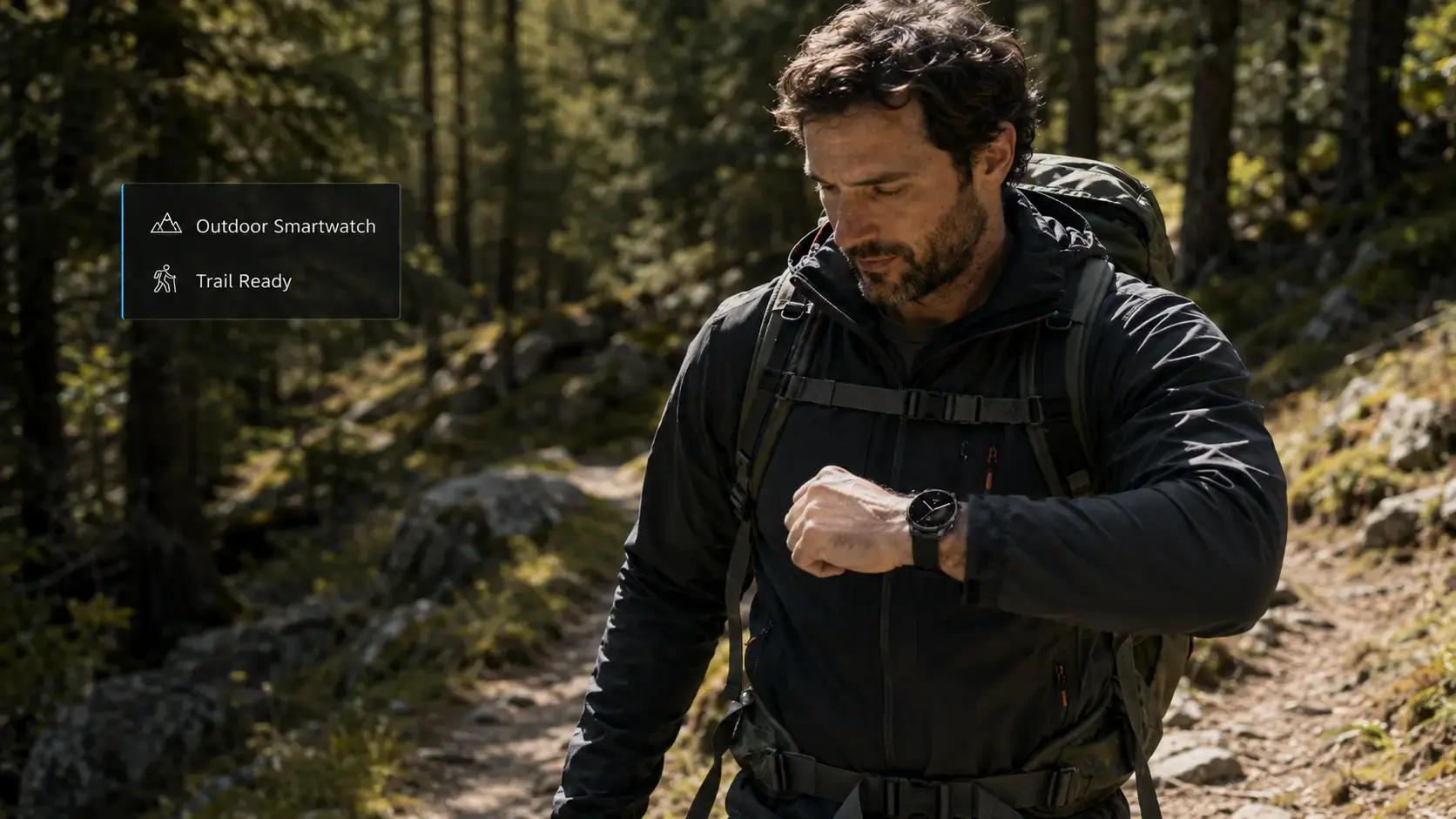 Hiker using an outdoor smartwatch flashlight while checking trail information at night.