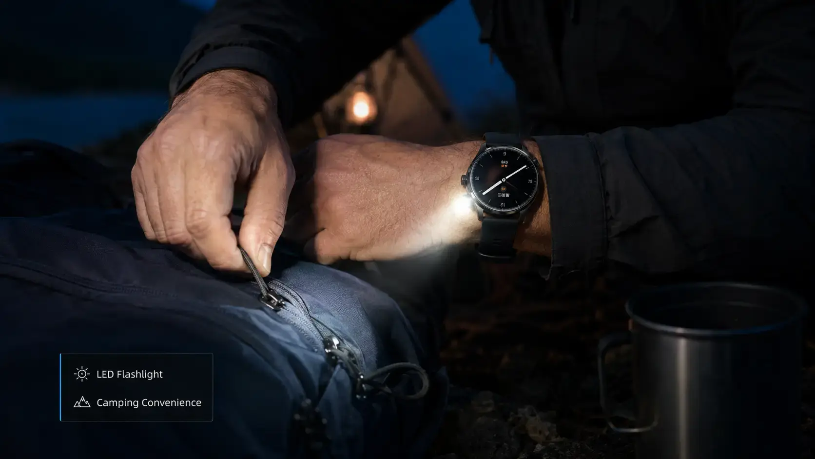 Traveler reviewing outdoor activity data on a smartwatch after a camping trip.